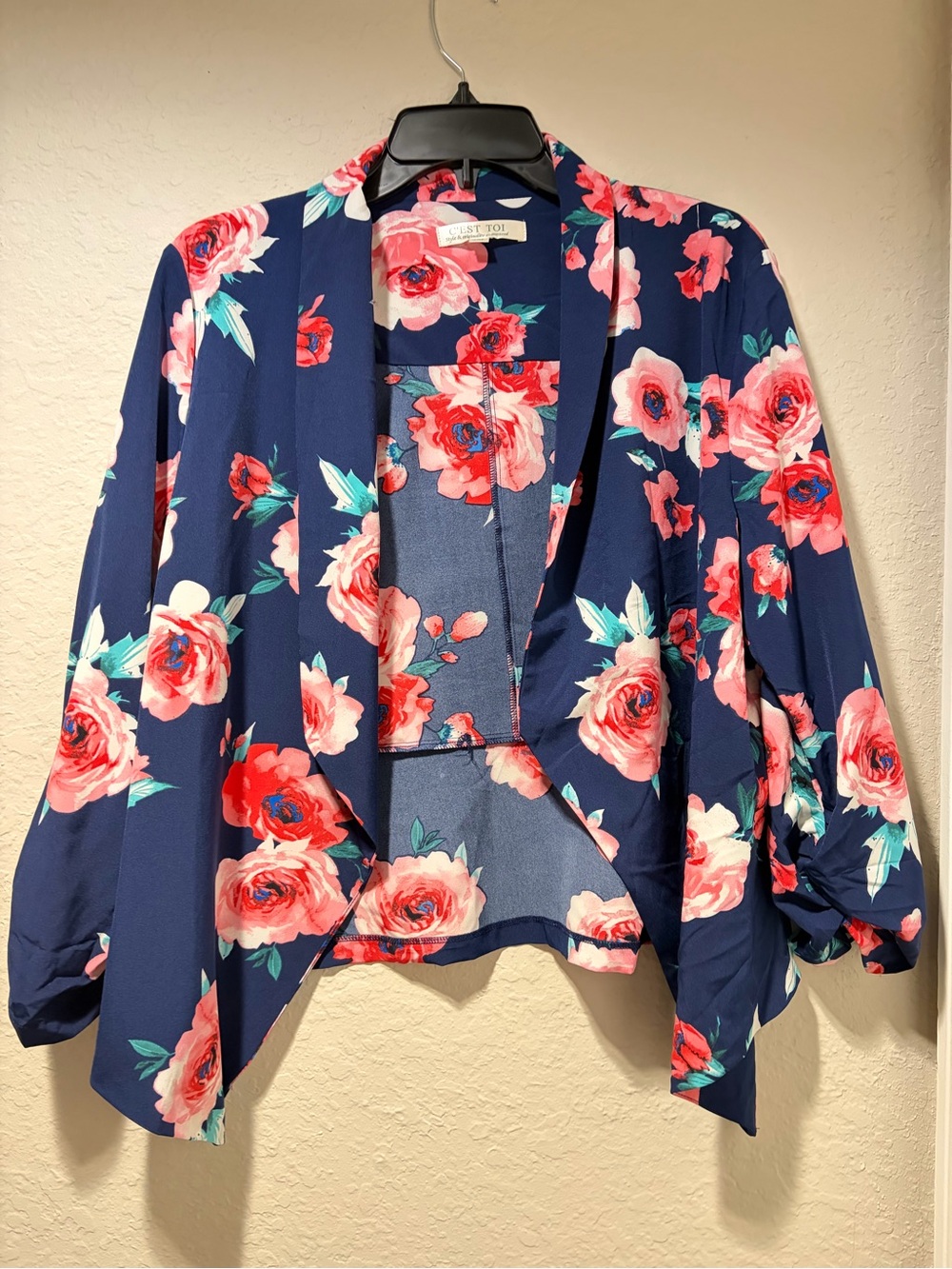 Floral Tie-Front Button Down Shirt - Navy with Pink Floral Print
